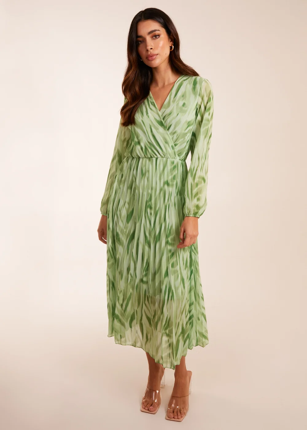 Blue Vanilla Green Abstract Wrap Pleated Midi Dress - S Image 1