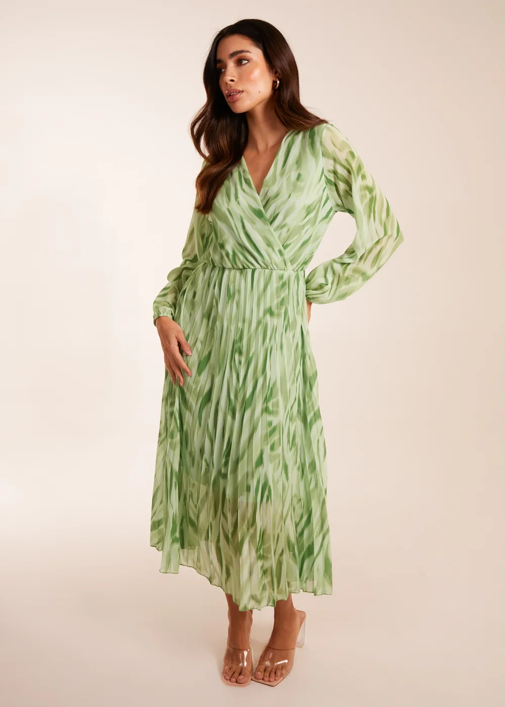 Blue Vanilla Green Abstract Wrap Pleated Midi Dress - S Image 3