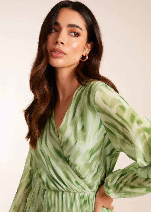 Blue Vanilla Green Abstract Wrap Pleated Midi Dress - S Image 2