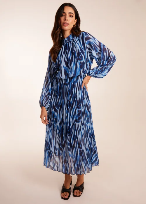 Blue Vanilla Navy High Neck Puff Ball Pleated Water Colour Dress - S Image 3