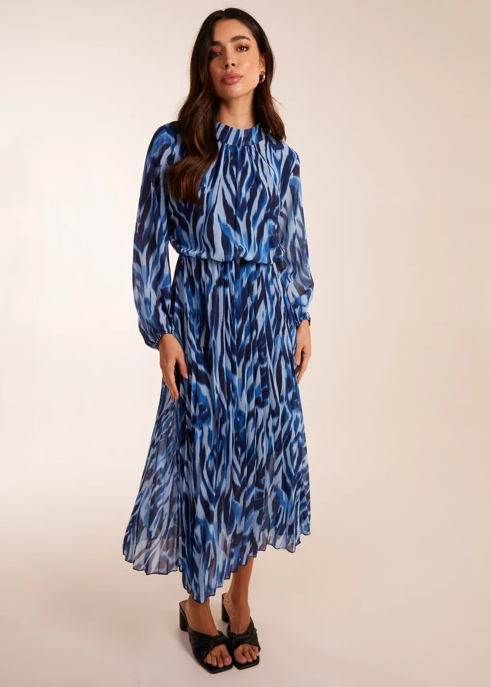 Blue Vanilla Navy High Neck Puff Ball Pleated Water Colour Dress - S Image 1