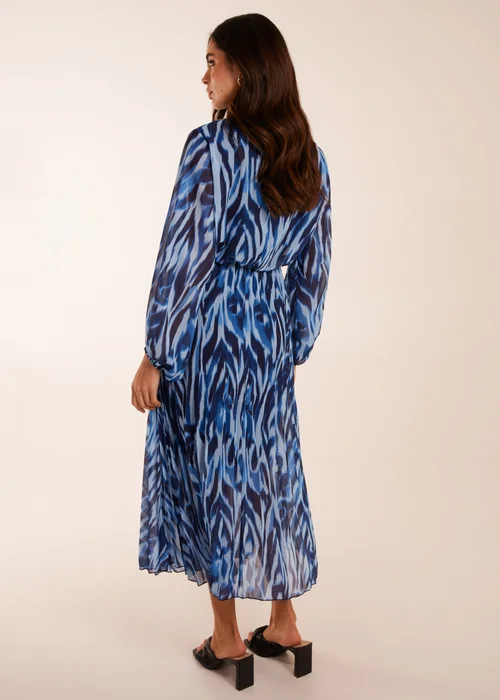 Blue Vanilla Navy High Neck Puff Ball Pleated Water Colour Dress - S Image 4