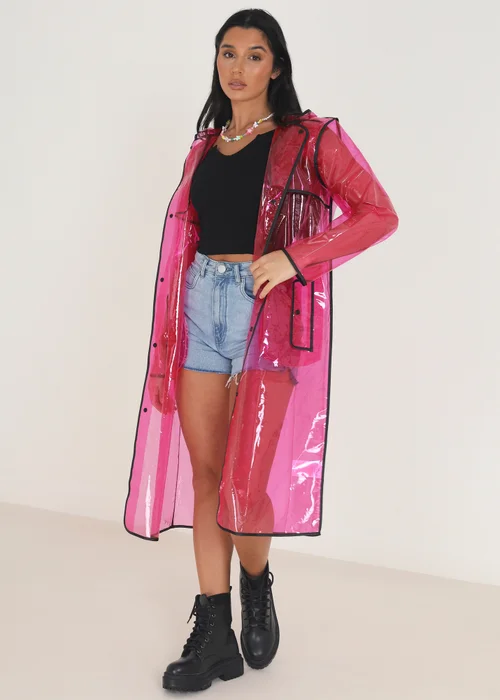 Brave Soul Pink Hooded Longline Rain Mac With Contrasting Binding - S/M Image 1