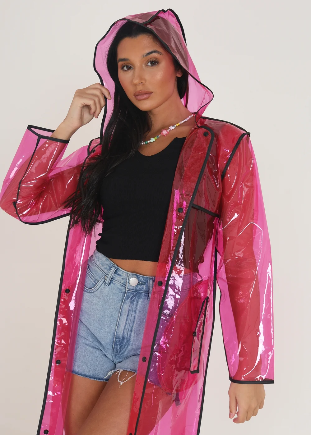 Brave Soul Pink Hooded Longline Rain Mac With Contrasting Binding - S/M Image 3
