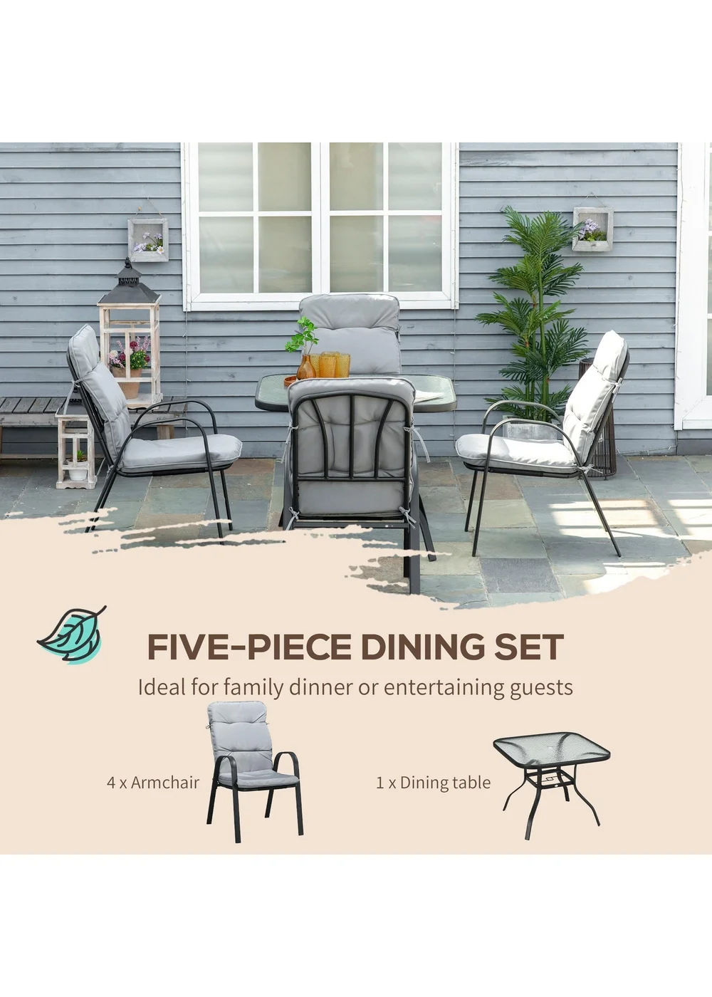 Outsunny Garden Dining Set Glass Table with Umbrella Hole Grey - One Size Image 5