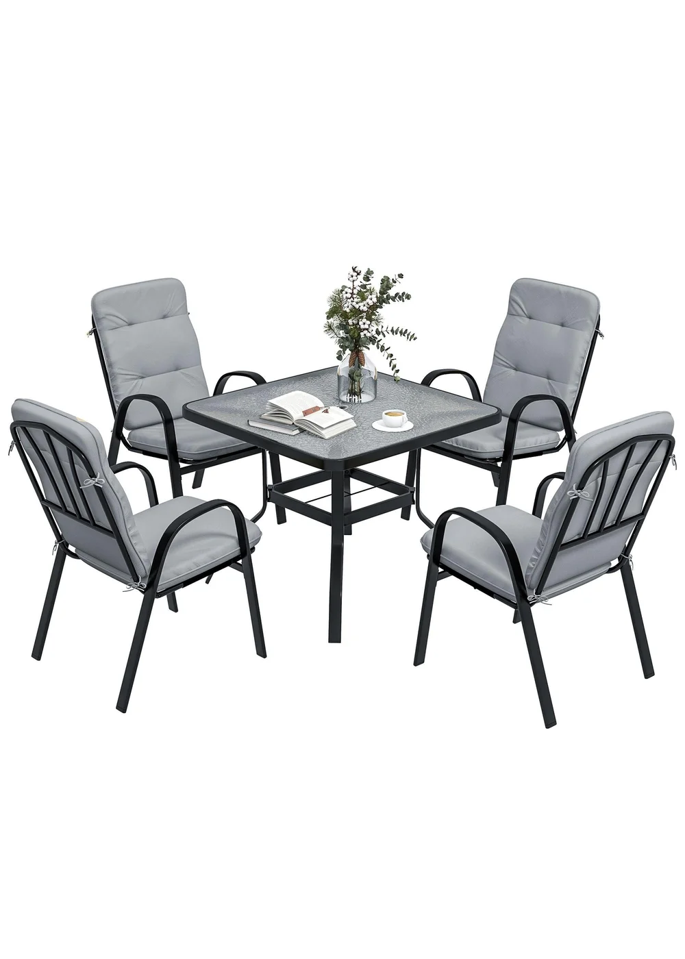 Outsunny Garden Dining Set Glass Table with Umbrella Hole Grey - One Size Image 2