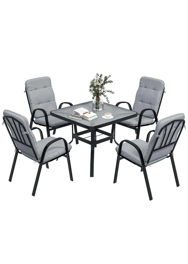 Outsunny Garden Dining Set Glass Table with Umbrella Hole Grey