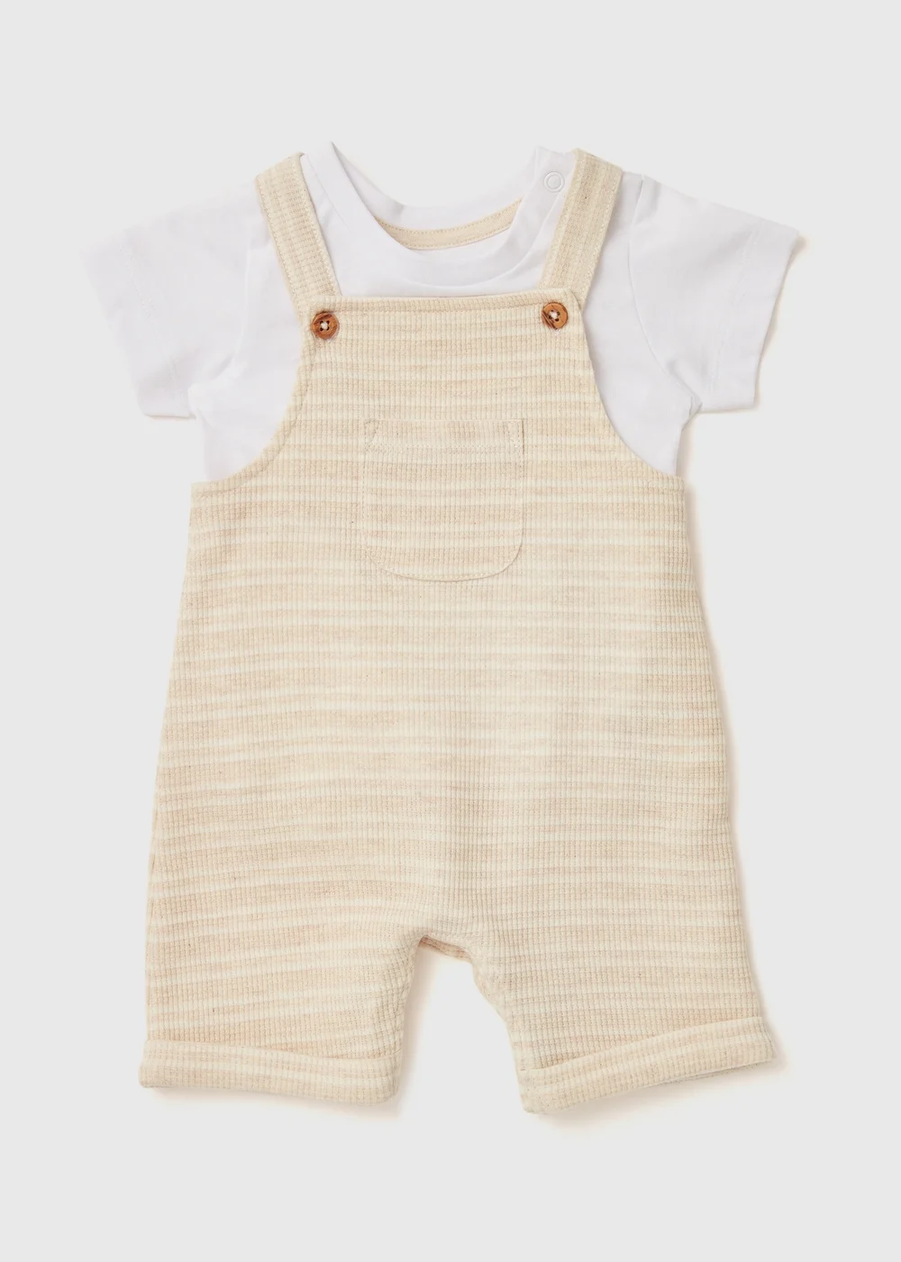 Baby Oatmeal Stripe Dungarees & T-Shirt Set (Newborn-23mths) - 0-3 months Image 1