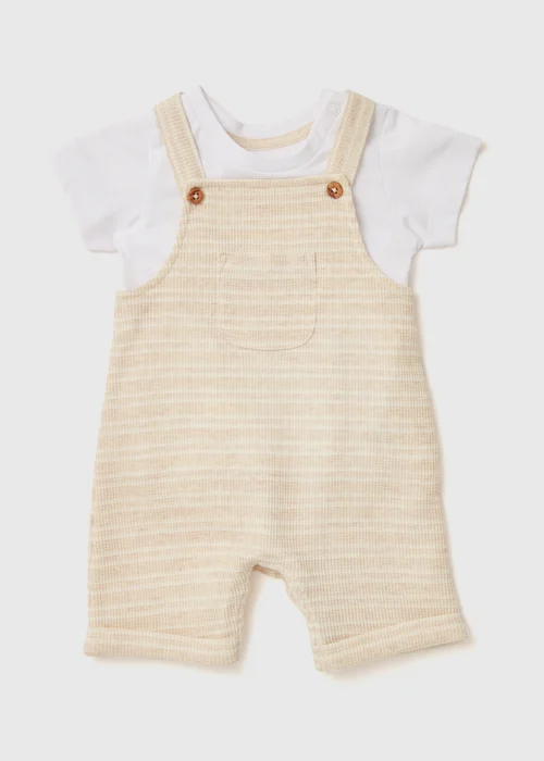 Baby Oatmeal Stripe Dungarees & T-Shirt Set (Newborn-23mths) - 0-3 months Image 1