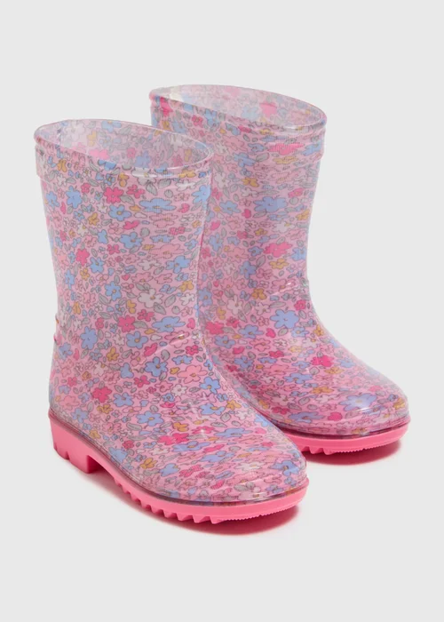 Girls Pink Floral Print Wellies (Younger 4-12) - Size 4 Infants Image 1