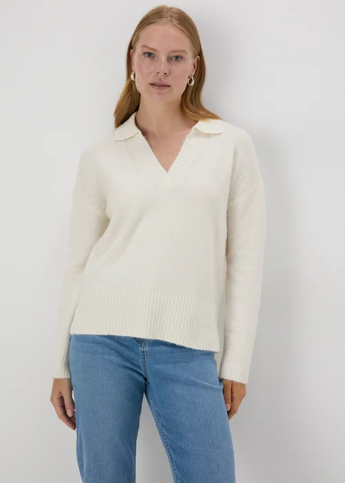 Cream Ribbed V-Neck Jumper - XS Image 1