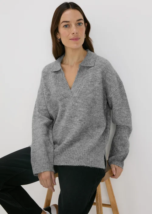 Grey Ribbed V-Neck Collar Jumper - XS Image 1