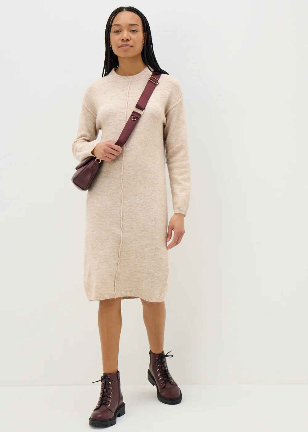 Beige Front Seam Knitted Dress - XS Image 2