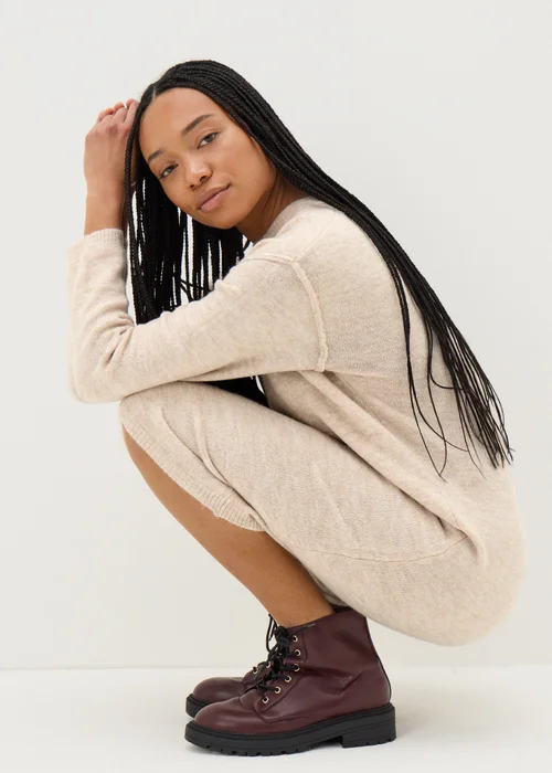 Beige Front Seam Knitted Dress - XS Image 1
