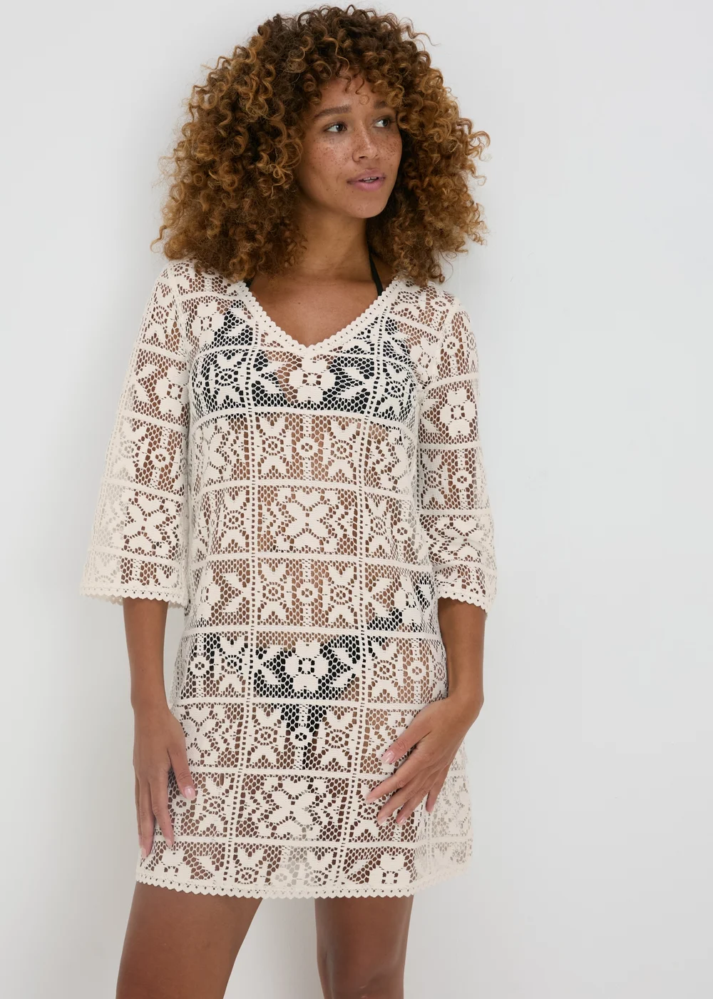Cream Crochet Long Sleeve Mini Dress - Extra small Image 1