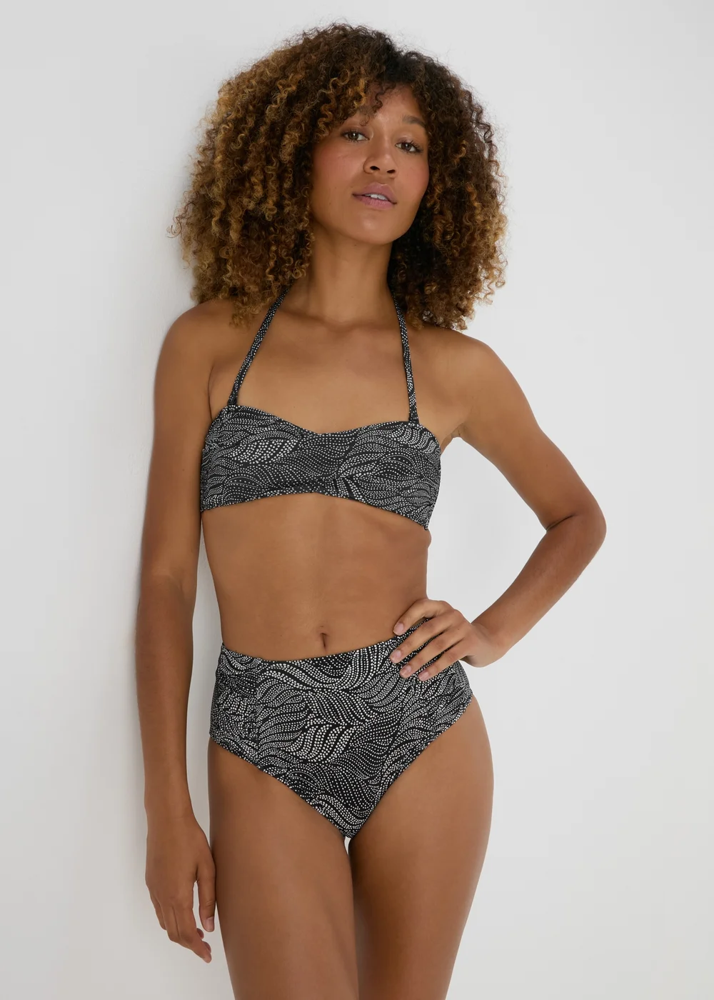 Black Leaf Print High Waisted Bikini Bottoms - 6 Image 1