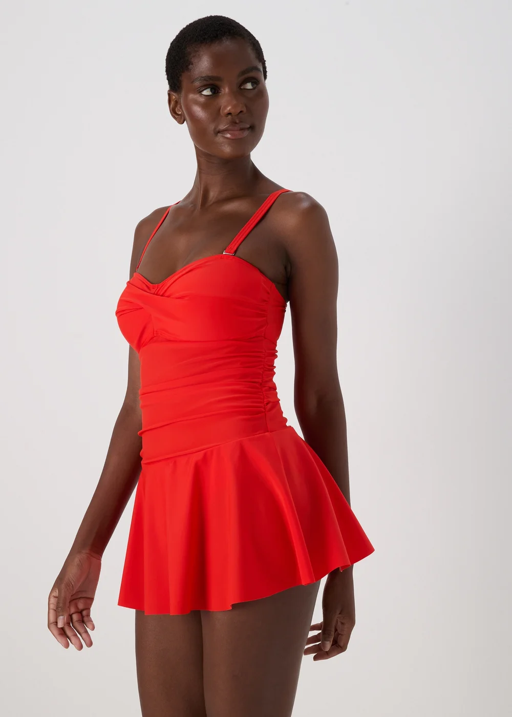 red swim dress Charmo Women's Ribbed Scalloped One-Piece Swim Dress Tiered Skirt & Flattering Silhouette Swimsuits Dark Red L