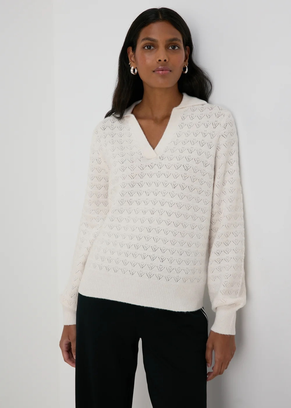 Cream Pointelle Open Collar Jumper - XS Image 1