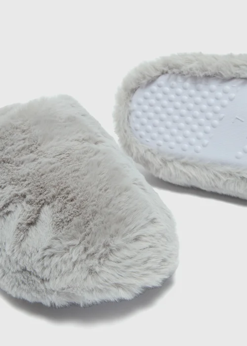 Grey Fluffy Mule Slippers - Small Image 2