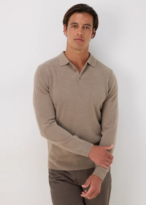 Taupe Knitted Polo Shirt - S Image 1