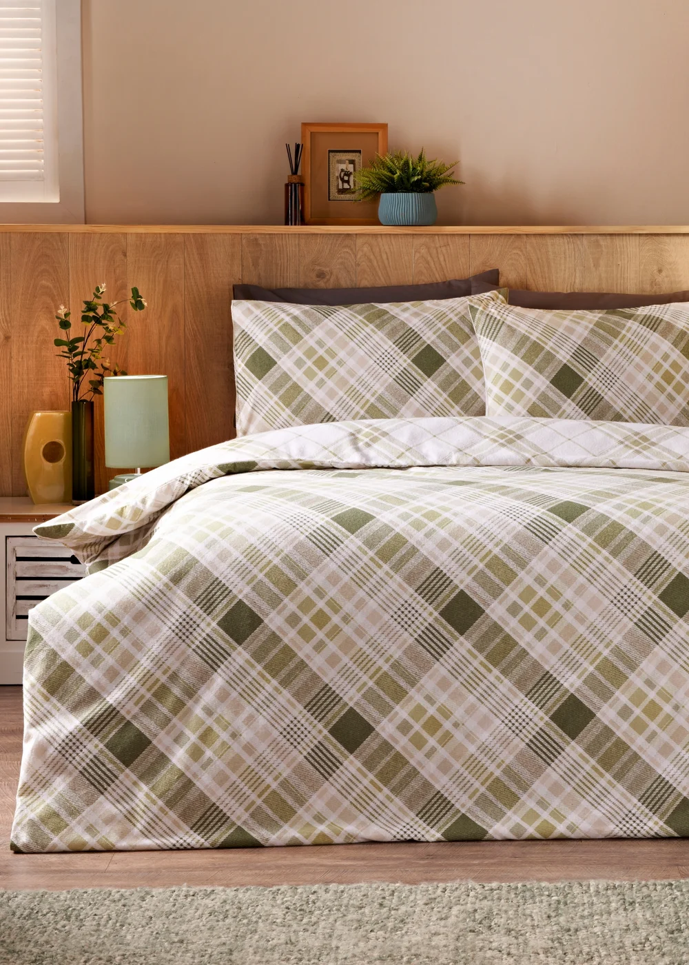 Green Checked Brushed Cotton Duvet Set - Single Image 1