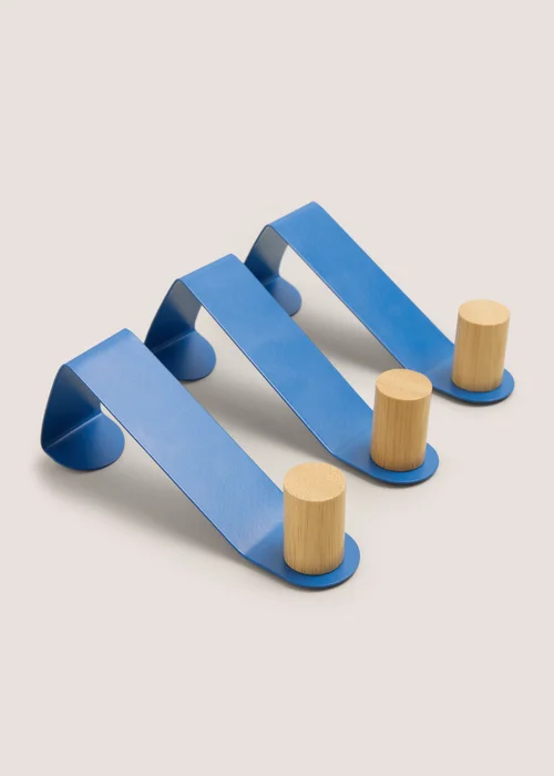 3 Pack Blue Metal & Wood Hooks (13cmx7cm) Image 2