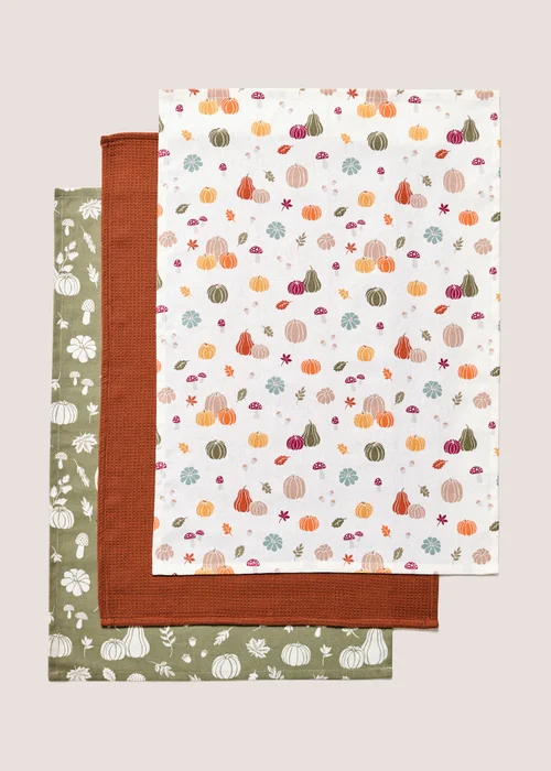 3 Pack Autumn Pumpkin Tea Towels (60cmx45cm) Image 1