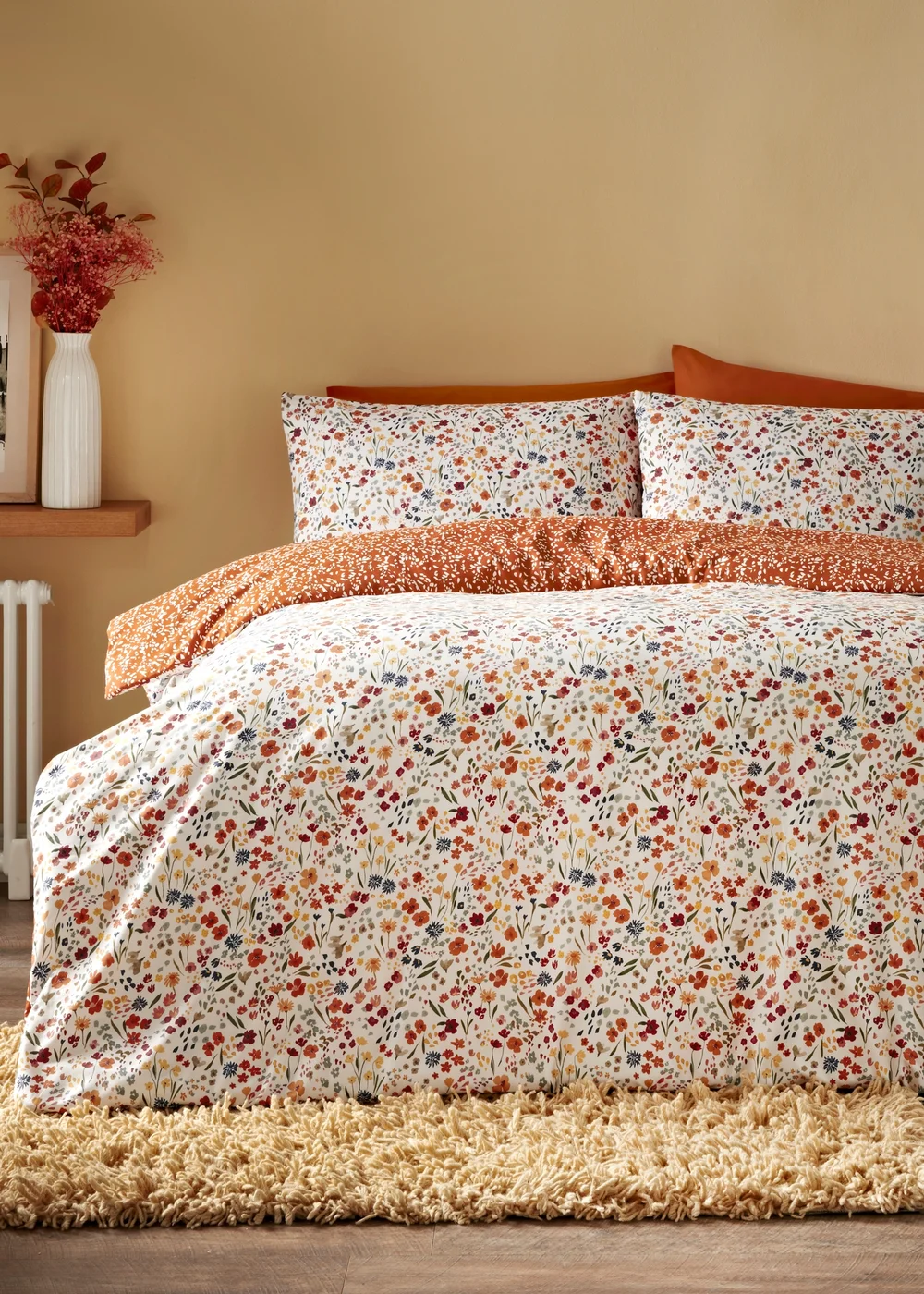 Orange Watercolour Floral Pattern Duvet Set - Single Image 1