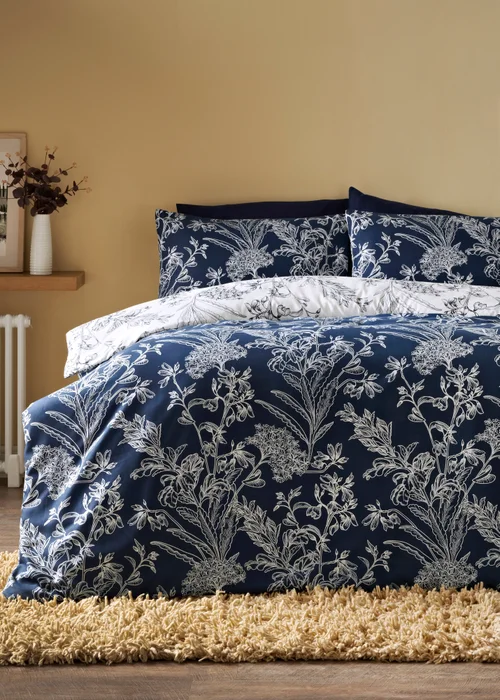 Navy Linear Floral Duvet Set - Single Image 1