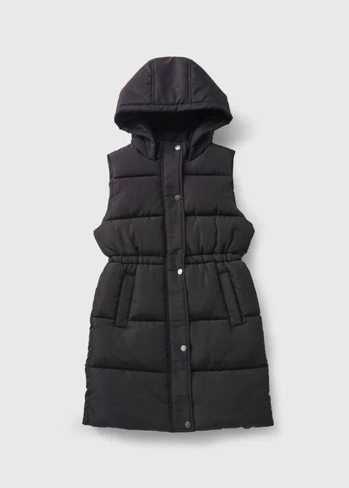 Girls Showerproof Black Longline Padded Gilet (7-15yrs) - 10 Yrs Image 1