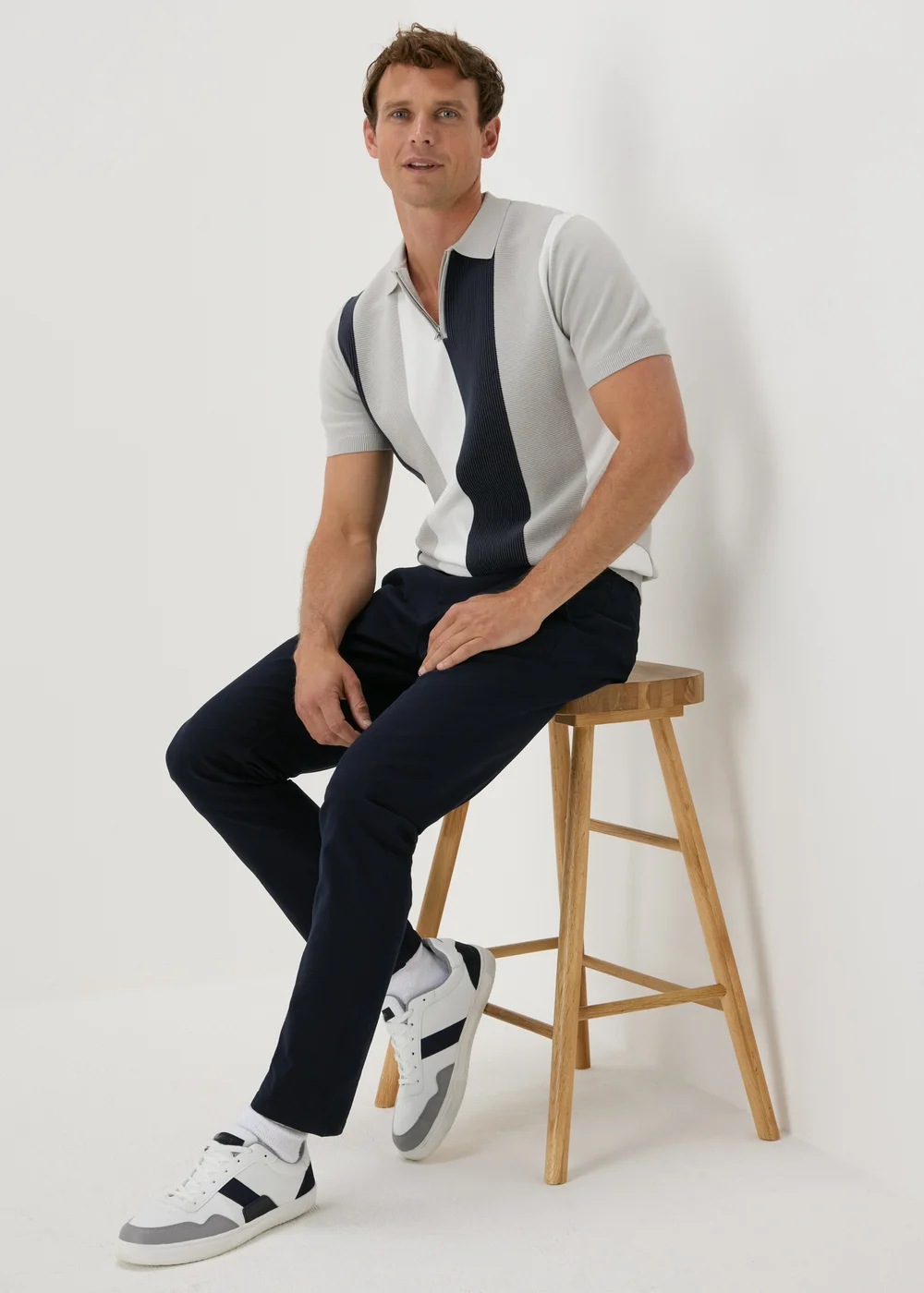 Grey Stripe Zip Polo Shirt - S Image 4
