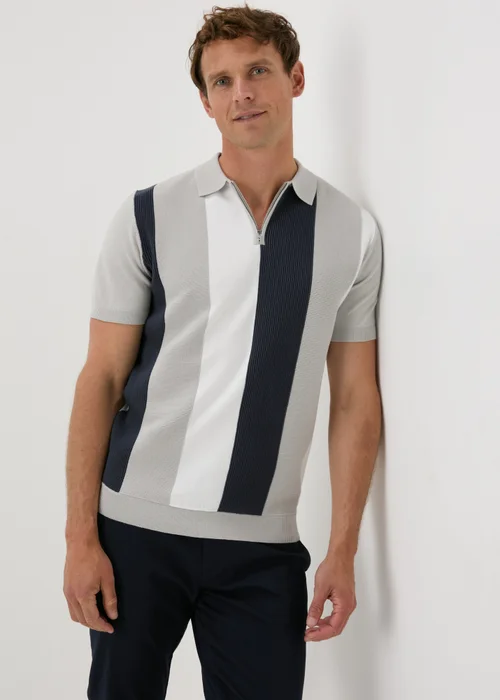 Grey Stripe Zip Polo Shirt - S Image 1