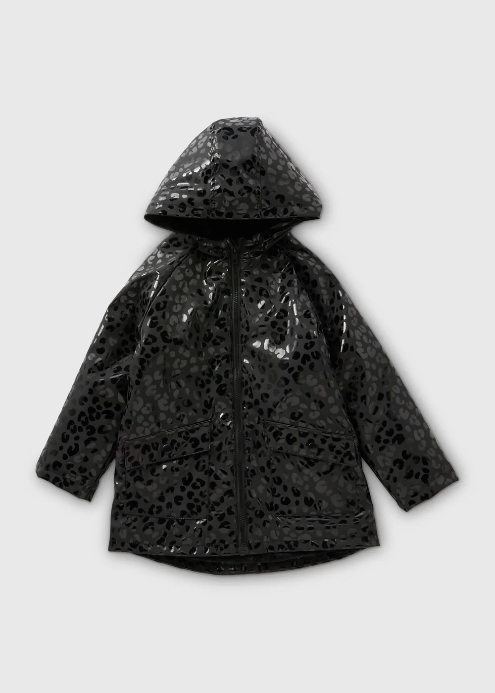 Girls Black Leopard Print Fur Lined Showerproof Mac (1-7yrs) - 1-1.5 Yrs Image 1