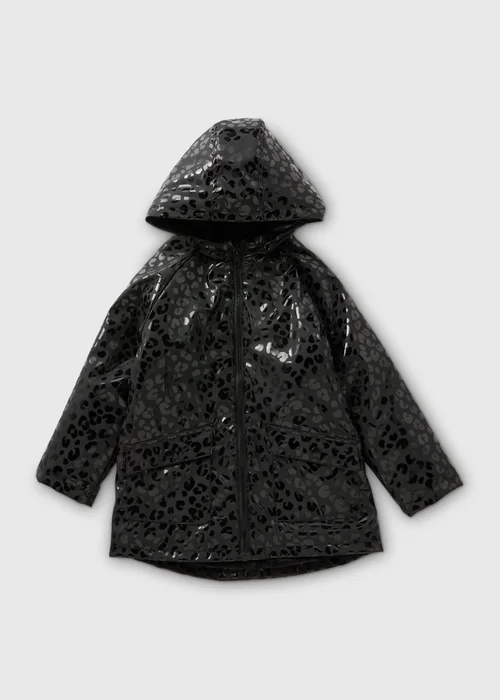 Girls Black Leopard Print Fur Lined Showerproof Mac (1-7yrs) - 1-1.5 Yrs Image 1