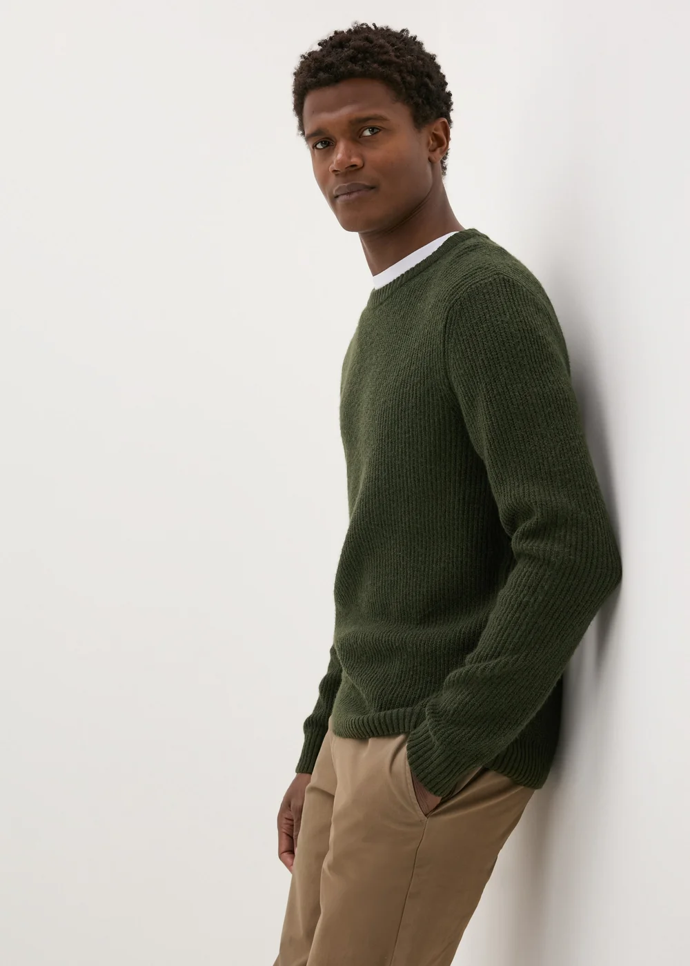 Khaki Ribbed Crew Neck Jumper - S Image 1