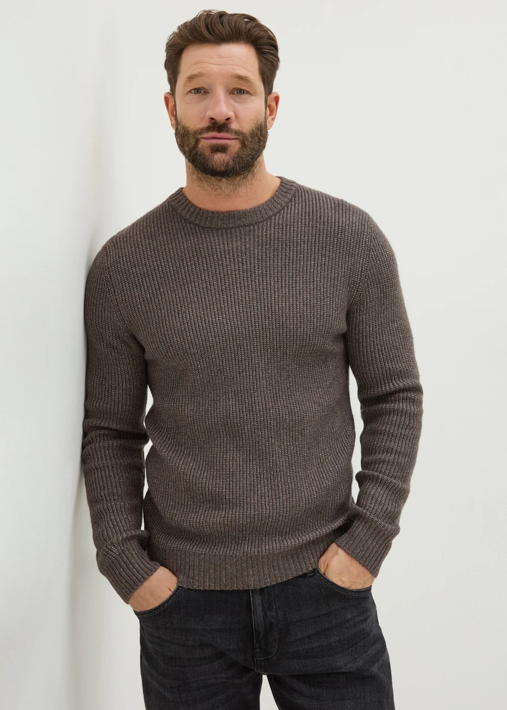 Brown Ribbed Crew Neck Jumper - S Image 1