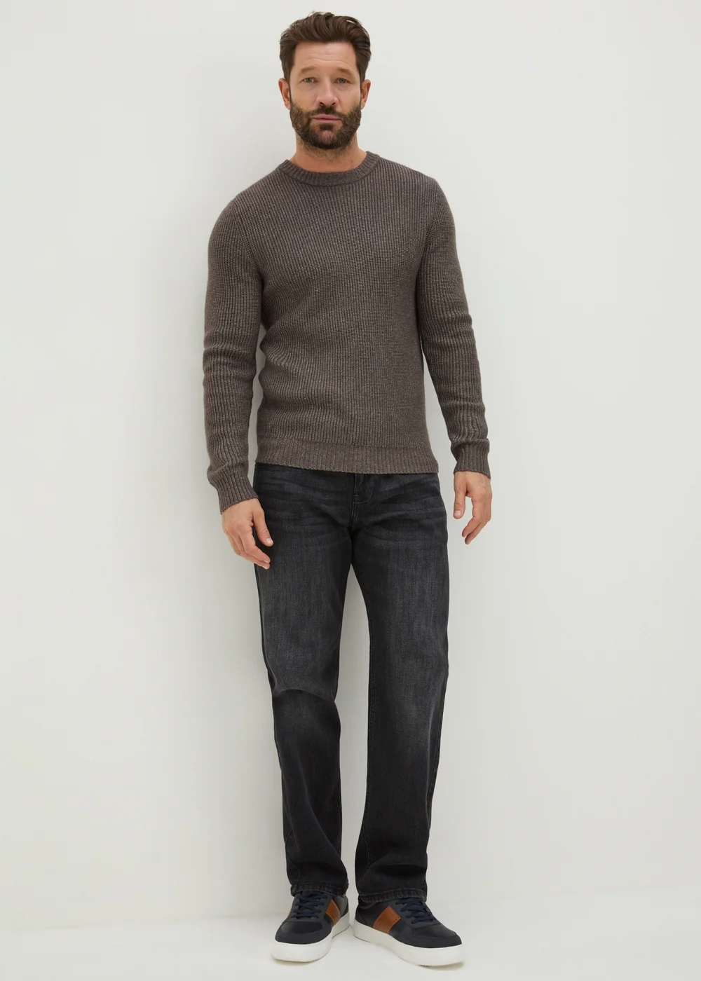 Brown Ribbed Crew Neck Jumper - S Image 3