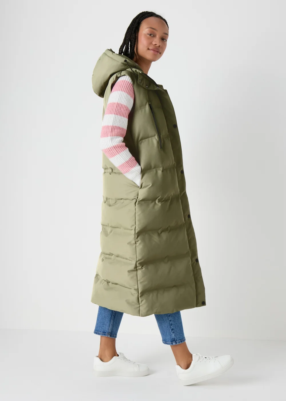 Khaki Contrast Long Padded Gilet - 8 Image 3
