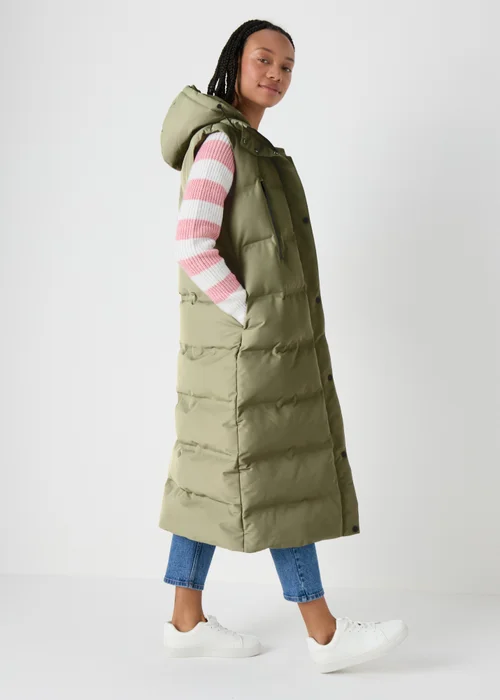 Khaki Contrast Long Padded Gilet - 8 Image 3