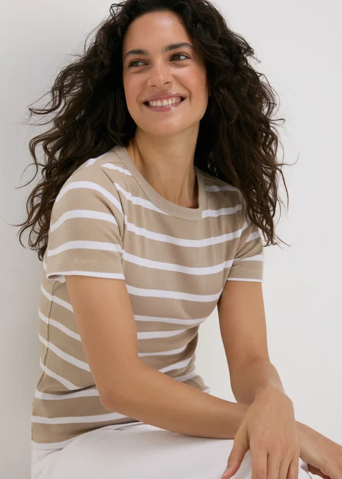 Beige Stripe Ribbed T-Shirt - 8 Image 3