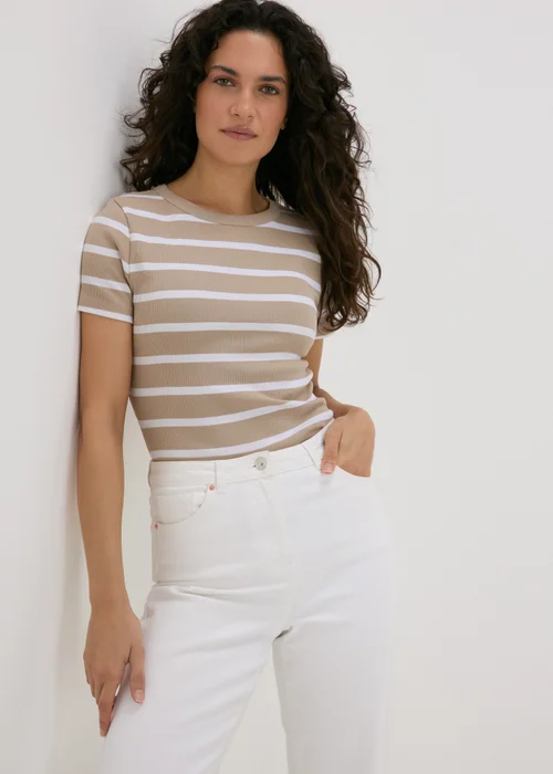 Beige Stripe Ribbed T-Shirt - 8 Image 1