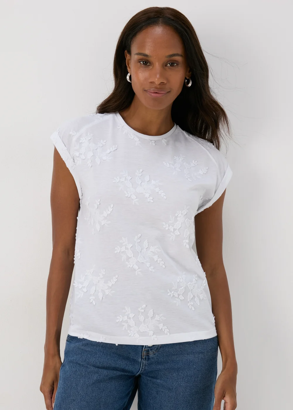 White Floral Embroidered T-Shirt - Size 8 Image 1