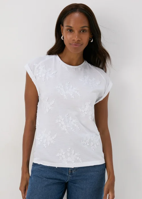 White Floral Embroidered T-Shirt - Size 8 Image 1