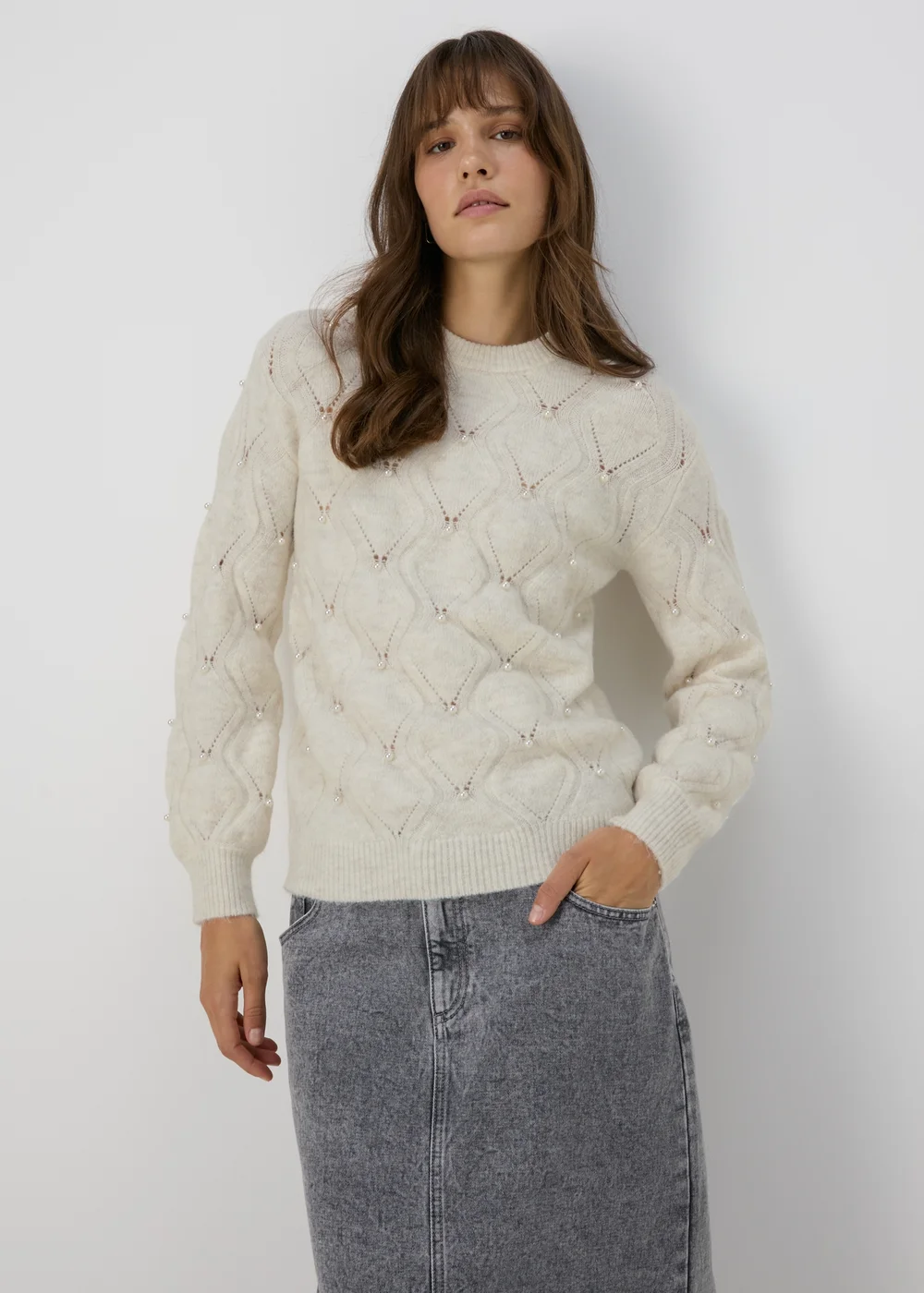 Cream Pearl Embellished Jumper - XS Image 1