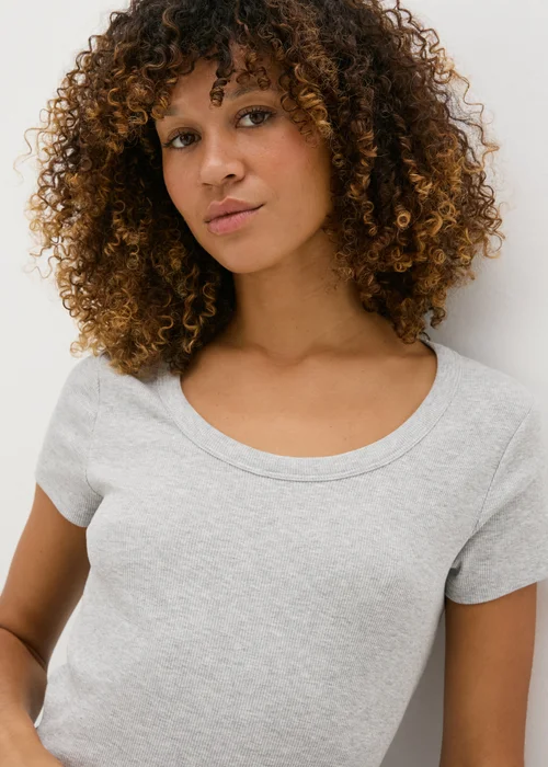 Grey Ribbed Scoop Neck T-Shirt - 8 Image 3