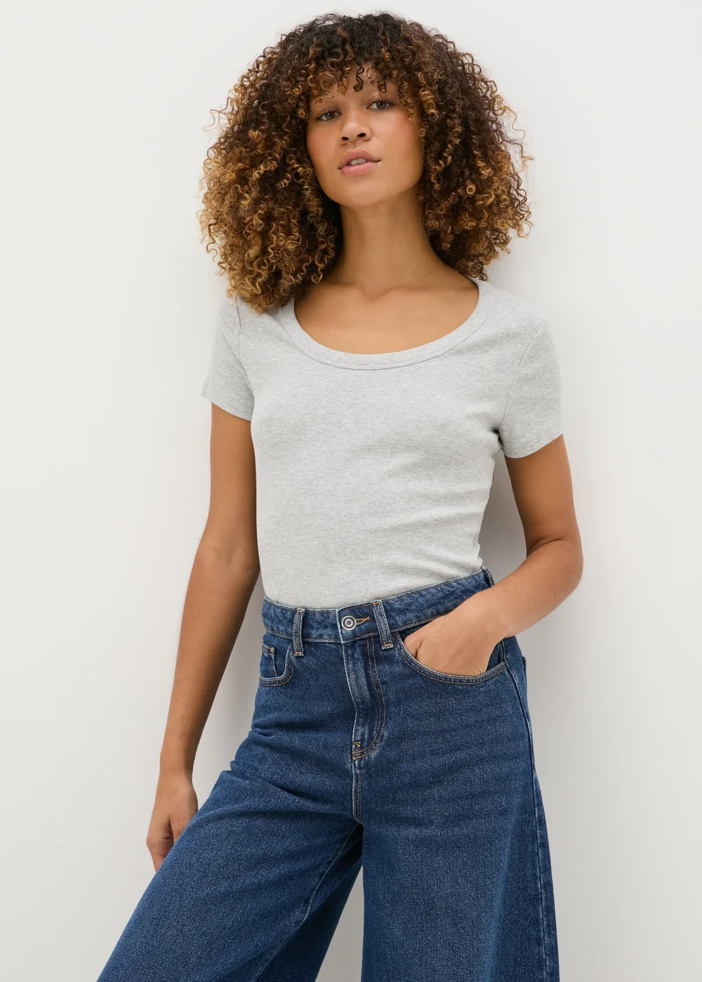 Grey Ribbed Scoop Neck T-Shirt - 8 Image 1