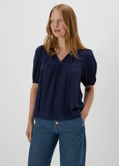 Navy Dobby Tassel Blouse - 8 Image 1