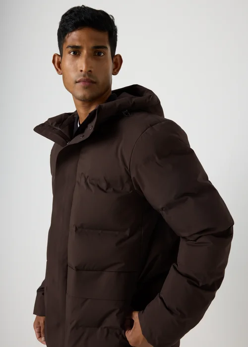 Brown Mid Length Showerproof Puffer Coat - S Image 1