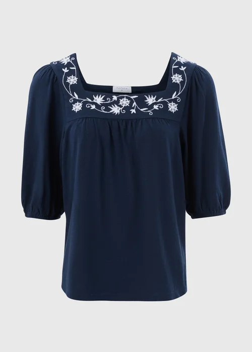 Navy Embroidered Floral 3/4 Sleeve Top - 8 Image 5