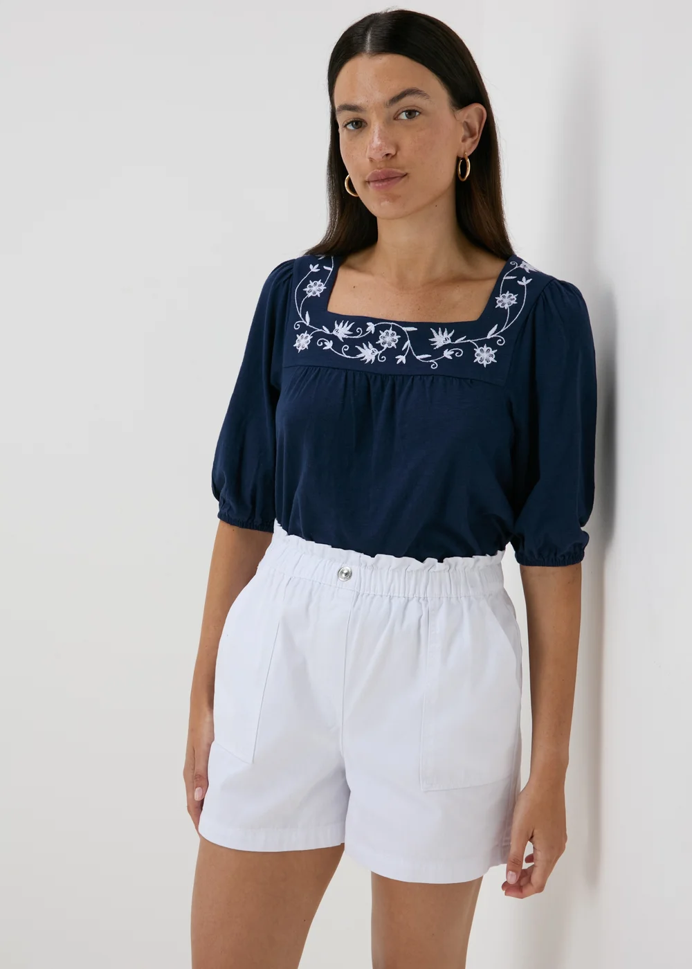 Navy Embroidered Floral 3/4 Sleeve Top - 8 Image 1